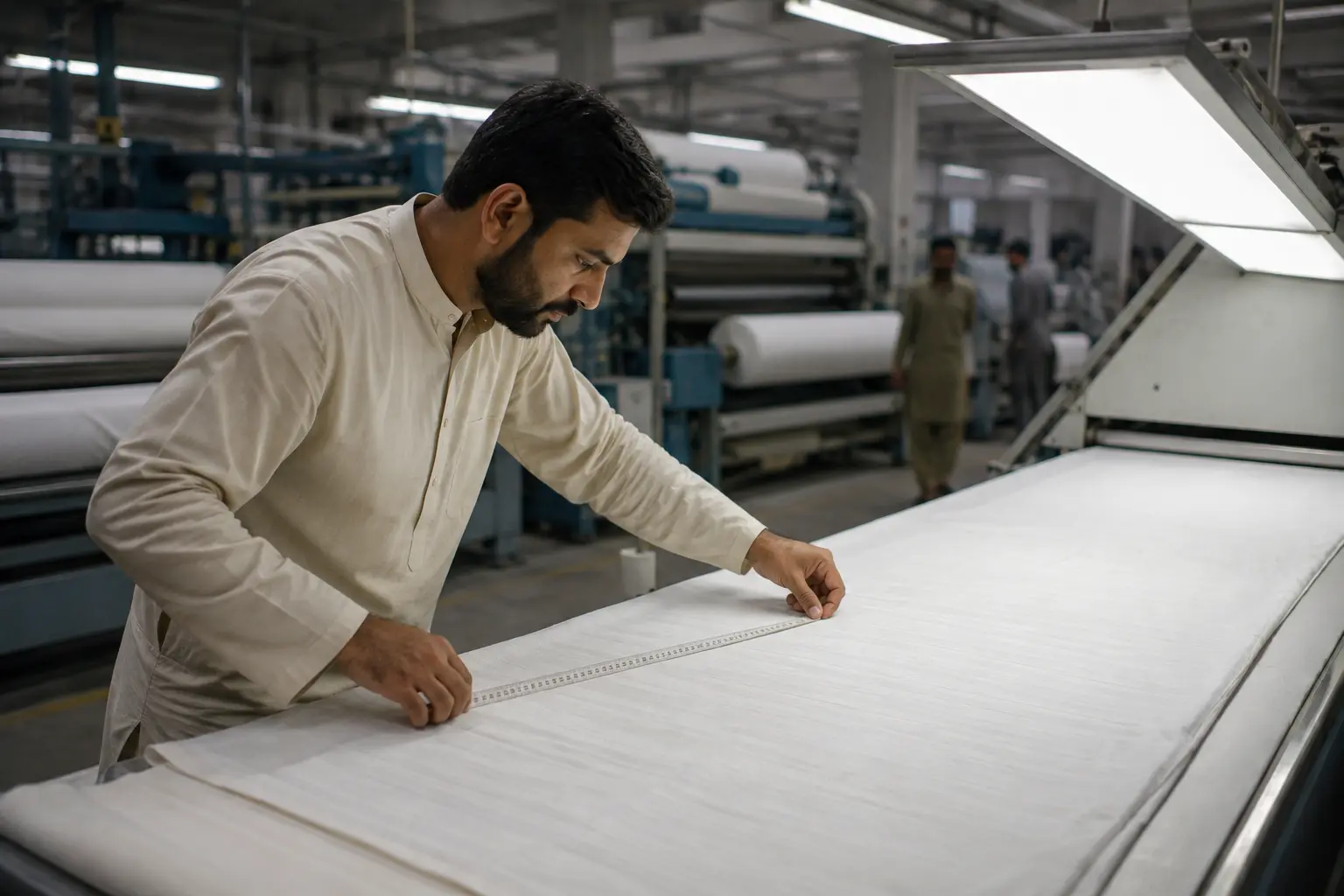 Quality inspector checking hotel linen color consistency against a reference swatch under daylight lighting