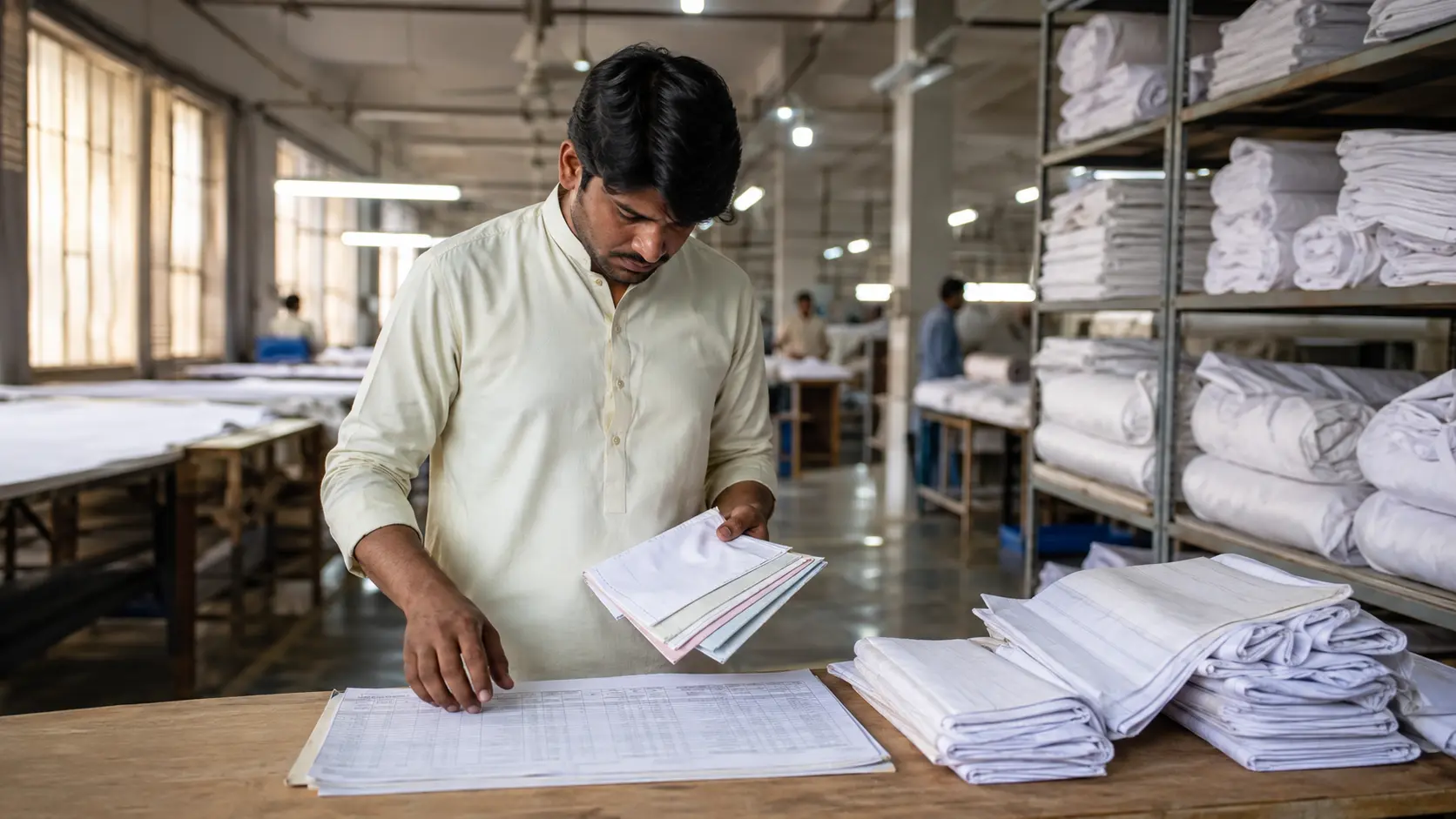 Production planner reviewing lead times for a wholesale textile sourcing order at a Pakistan mill