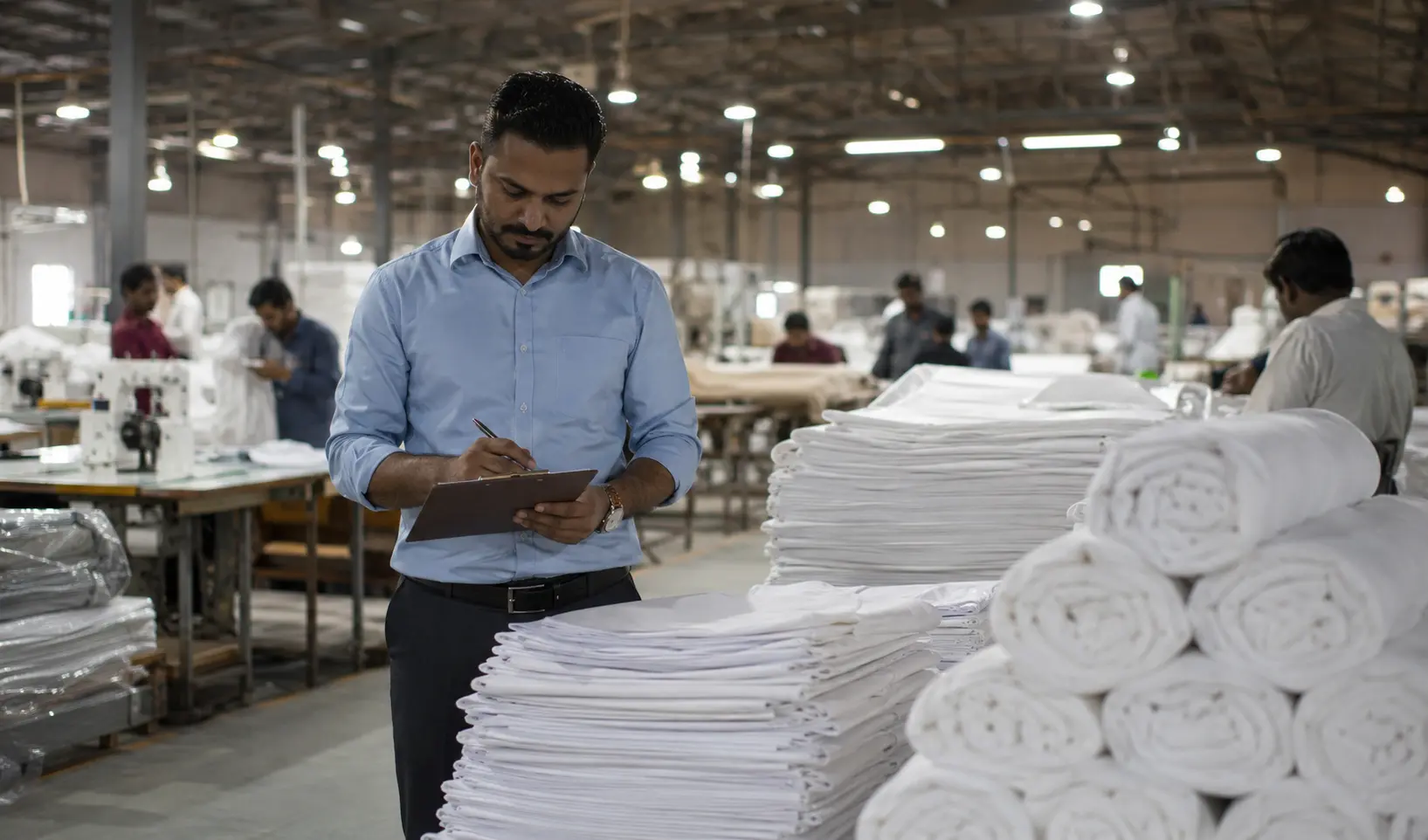 Sourcing manager reviewing hotel linen production at a one stop sourcing agency facility in Pakistan