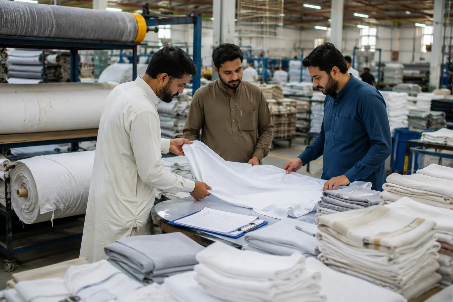 Faisalabad Pakistan textile factory floor showing bulk fabric production for wholesale export